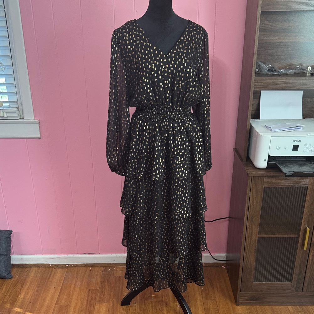 Halogen Black Maxi Dress with Gold Dot Print